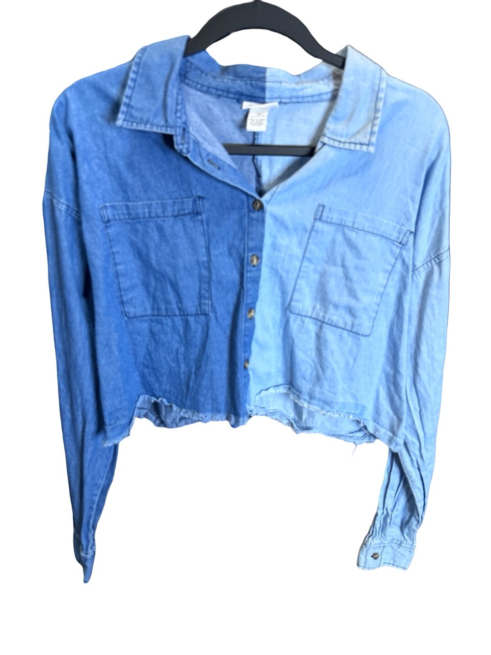 Rue21 Two-Tone Light & Dark Blue Cropped Denim Shirt - Picture 3 of 8